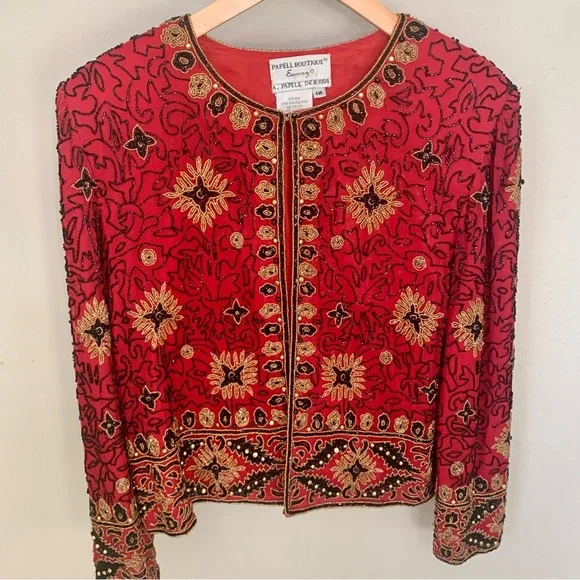 Papell Boutique Evening Vintage 90’s Silk Beaded Jacket Embellished Red Gold 12 - Picture 14 of 16